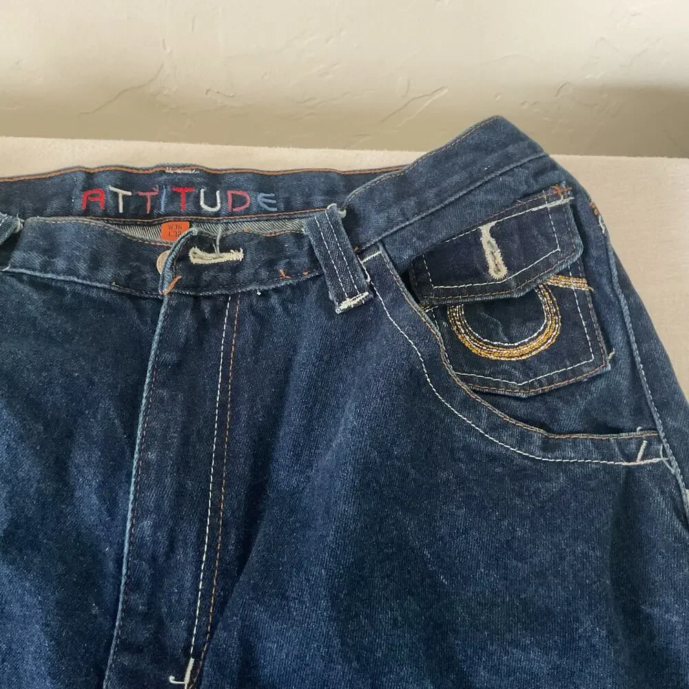 ATTITUDE  Vintage Wide Leg Baggy Jeans with Y2K Sahara Design 36X32 (24)